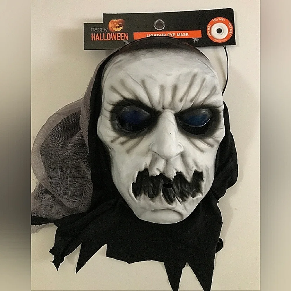 Halloween Ghoul Zombie Monster Mask Light Up Blue Eyes Mesh Hood Scary Costume